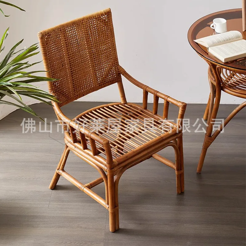 LTT Household Single Natural Rattan High Back Chair Dining Chair Round Comfortable Weaving