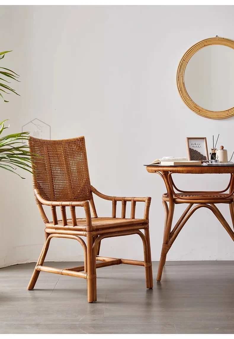 LTT Household Single Natural Rattan High Back Chair Dining Chair Round Comfortable Weaving