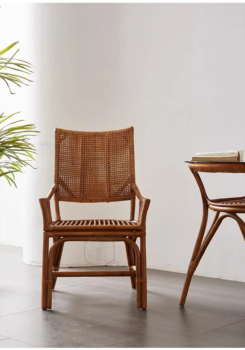 LTT Household Single Natural Rattan High Back Chair Dining Chair Round Comfortable Weaving