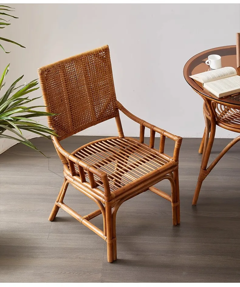 LTT Household Single Natural Rattan High Back Chair Dining Chair Round Comfortable Weaving