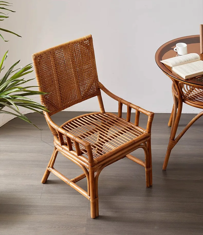 LTT Household Single Natural Rattan High Back Chair Dining Chair Round Comfortable Weaving