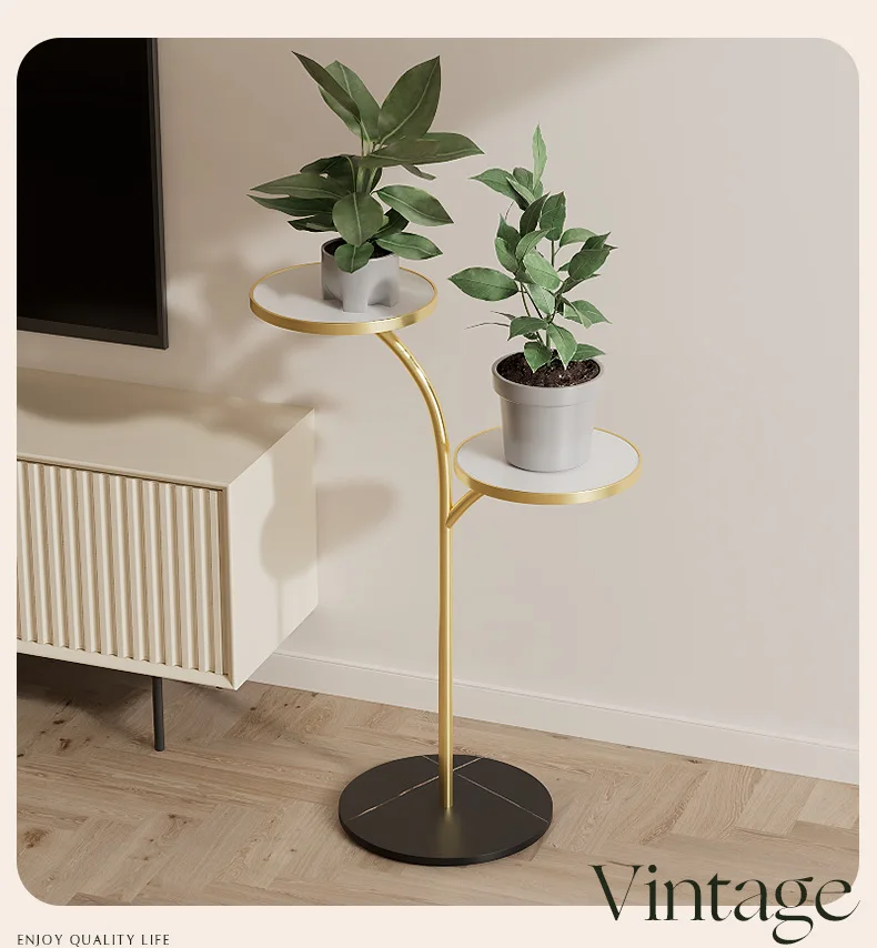 Flower Stand Living Room Floor-to-ceiling Movable Wrought Iron Light Luxury Rock Slab Succulent Green Dill Flower Stand