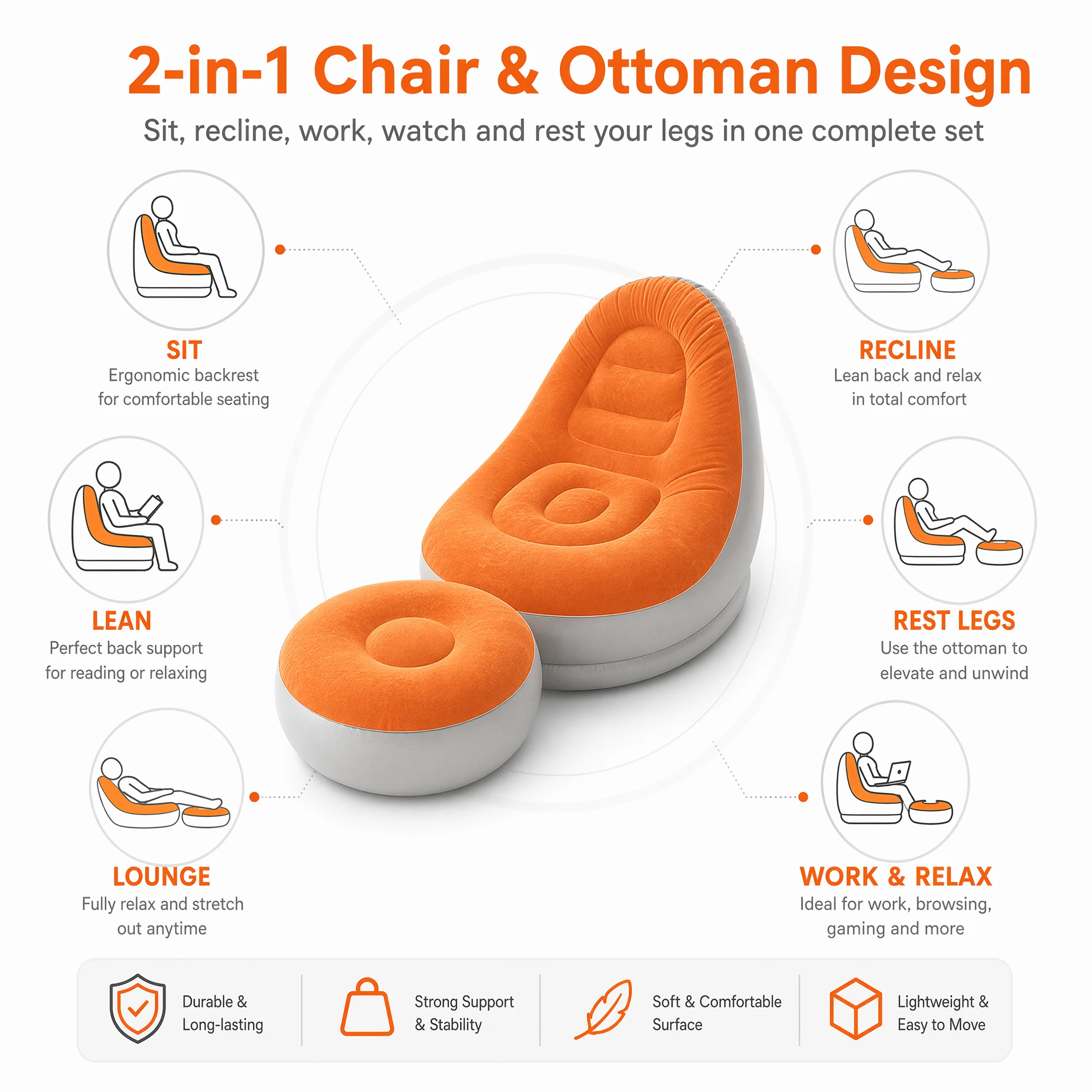 2 IN 1 Inflatable Sofa with Stool Soft Flocking Ergonomic Lounge Chair Fast Inflation Foldable Portable Waterproof PVC Sofa