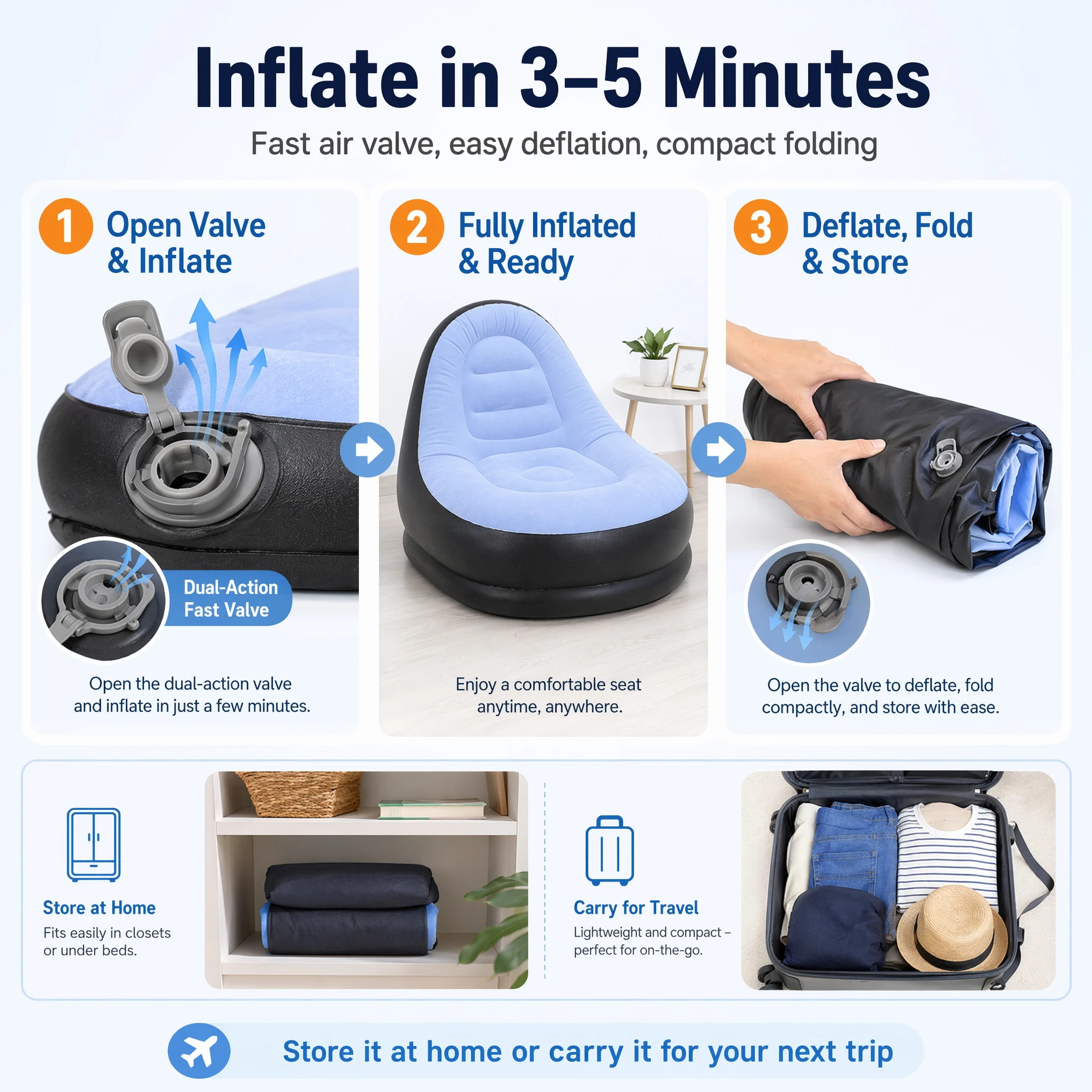 2 IN 1 Inflatable Sofa with Stool Soft Flocking Ergonomic Lounge Chair Fast Inflation Foldable Portable Waterproof PVC Sofa