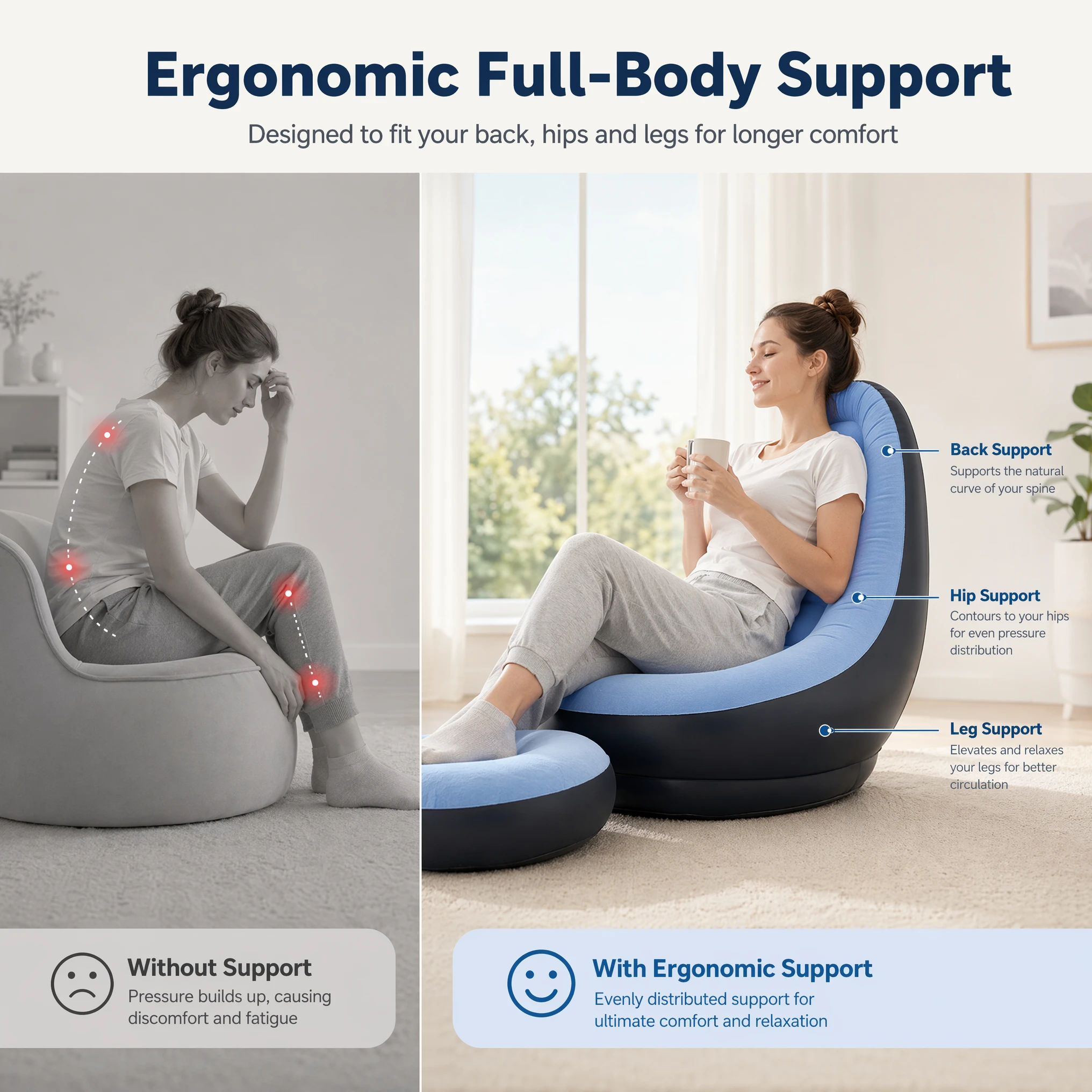 2 IN 1 Inflatable Sofa with Stool Soft Flocking Ergonomic Lounge Chair Fast Inflation Foldable Portable Waterproof PVC Sofa