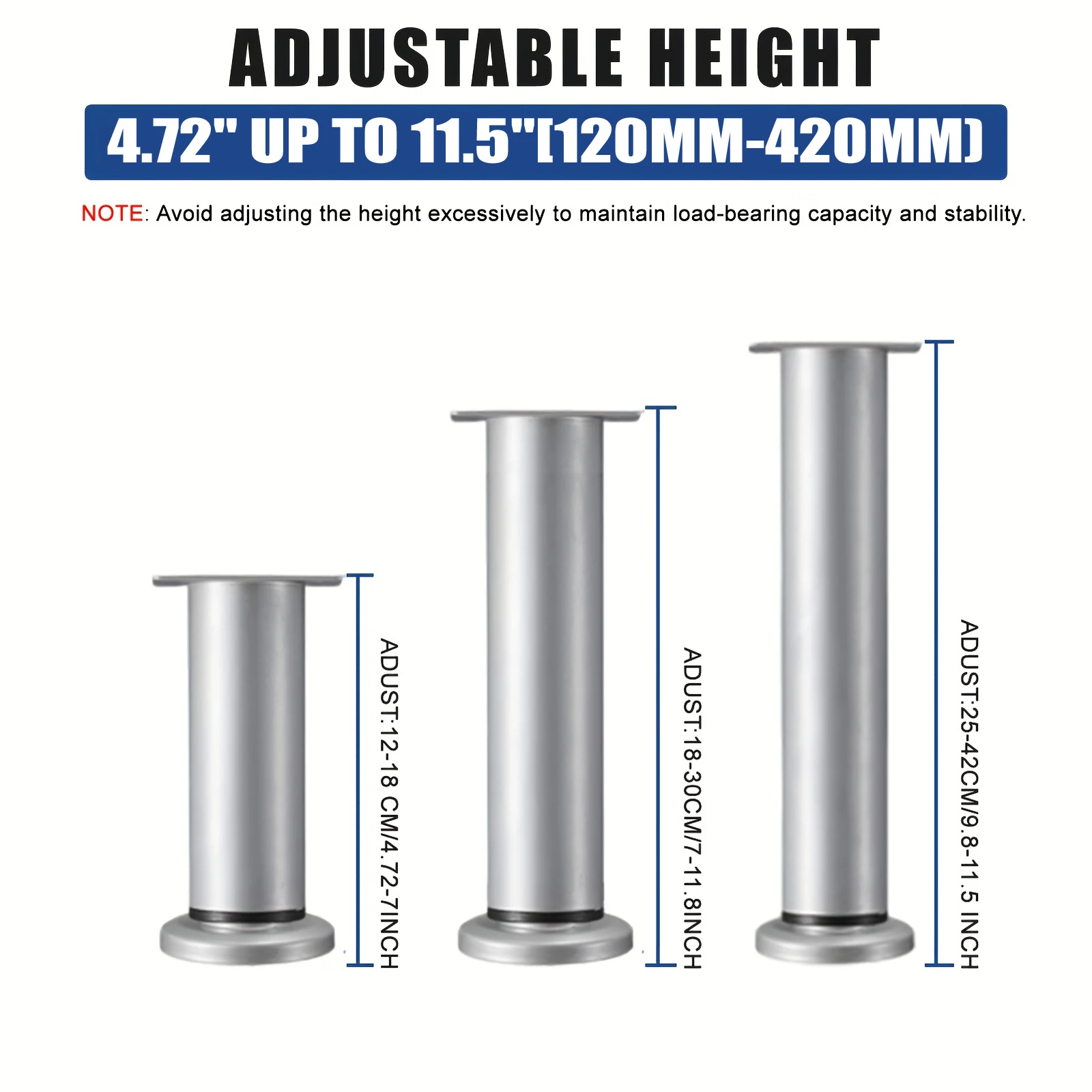 Heavy Duty Adjustable Furniture Legs - Tool-Free Height Adjustment (4.72" to 16.5" /12-42cm), Sturdy Metal Construction