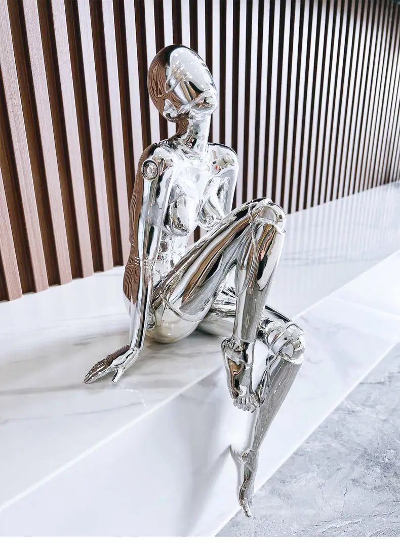 Contemporary Humanoid Statue, Polished Metal Finish, Stylish Living Room & Office Decoration