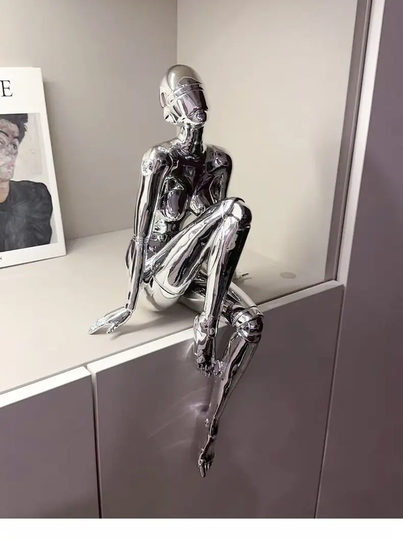 Contemporary Humanoid Statue, Polished Metal Finish, Stylish Living Room & Office Decoration
