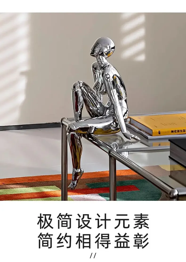 Contemporary Humanoid Statue, Polished Metal Finish, Stylish Living Room & Office Decoration