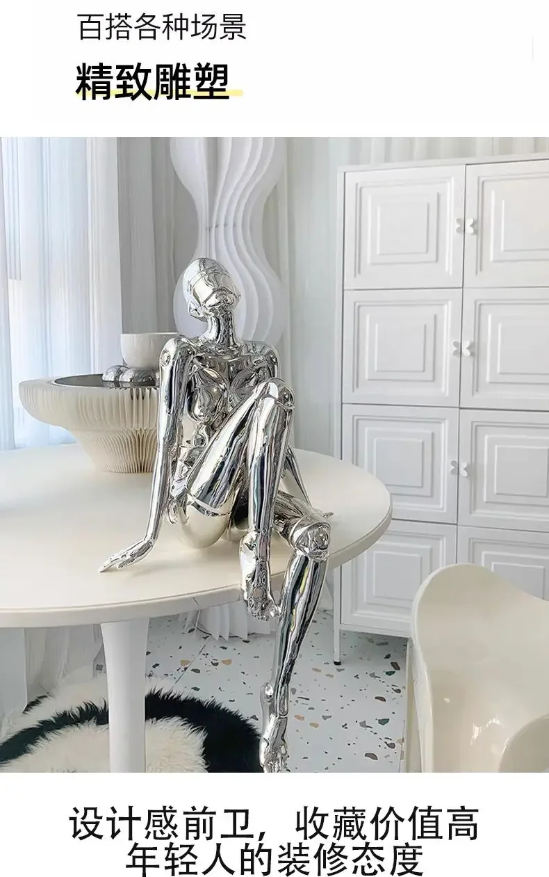 Contemporary Humanoid Statue, Polished Metal Finish, Stylish Living Room & Office Decoration