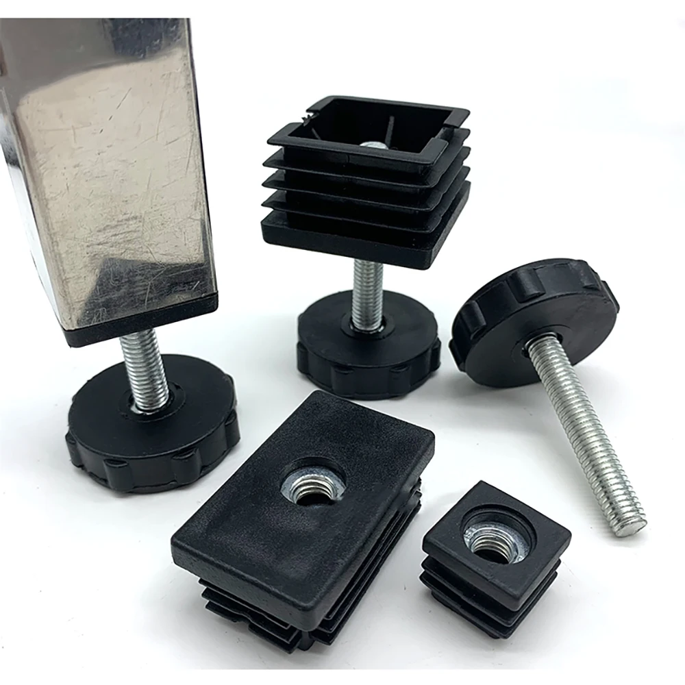 1-10Pcs Table Leg Plug With Nut and Adjustable Feet M8/M0x50/100mm Black Square/Round Furniture Rack Height Adjustable Foot Cup