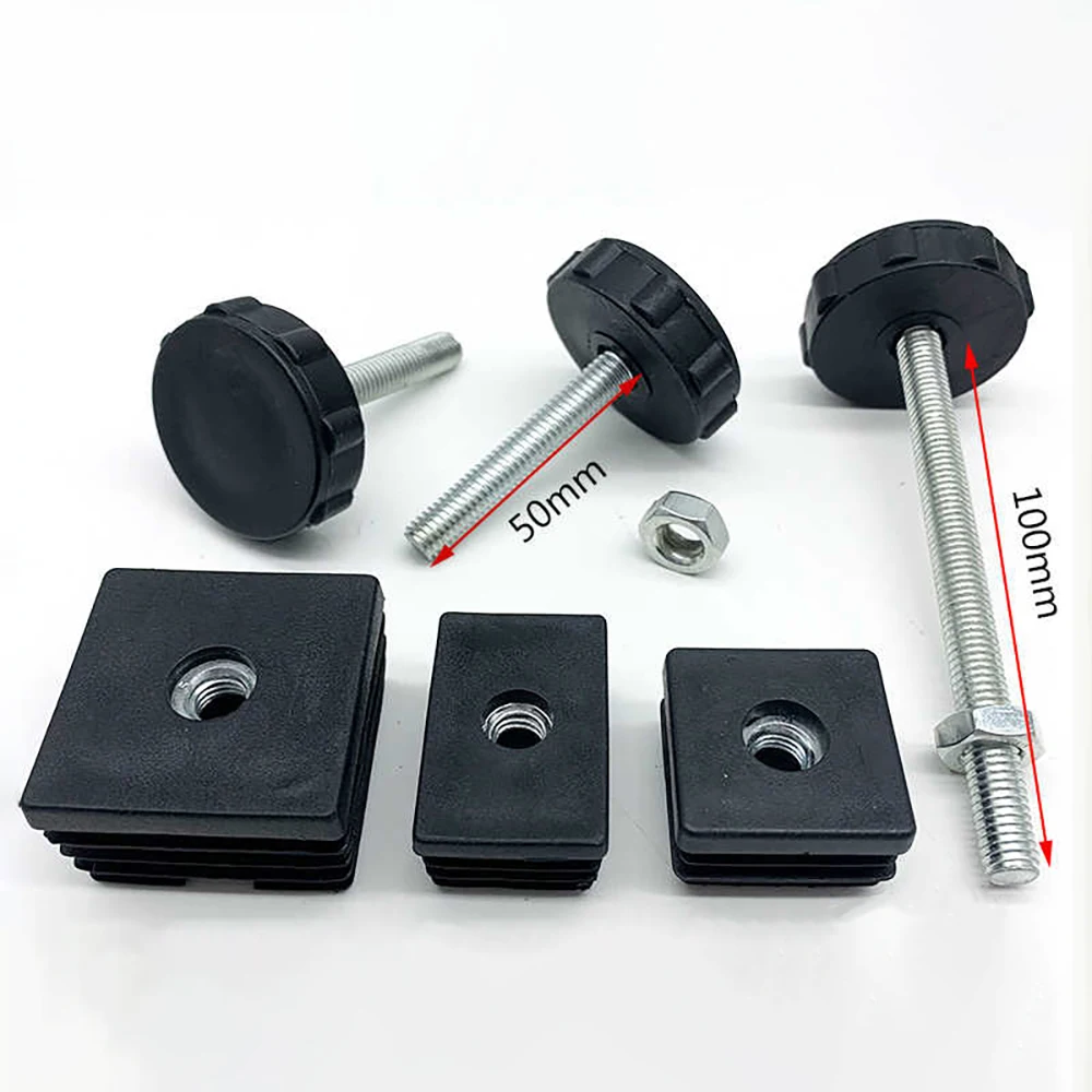 1-10Pcs Table Leg Plug With Nut and Adjustable Feet M8/M0x50/100mm Black Square/Round Furniture Rack Height Adjustable Foot Cup