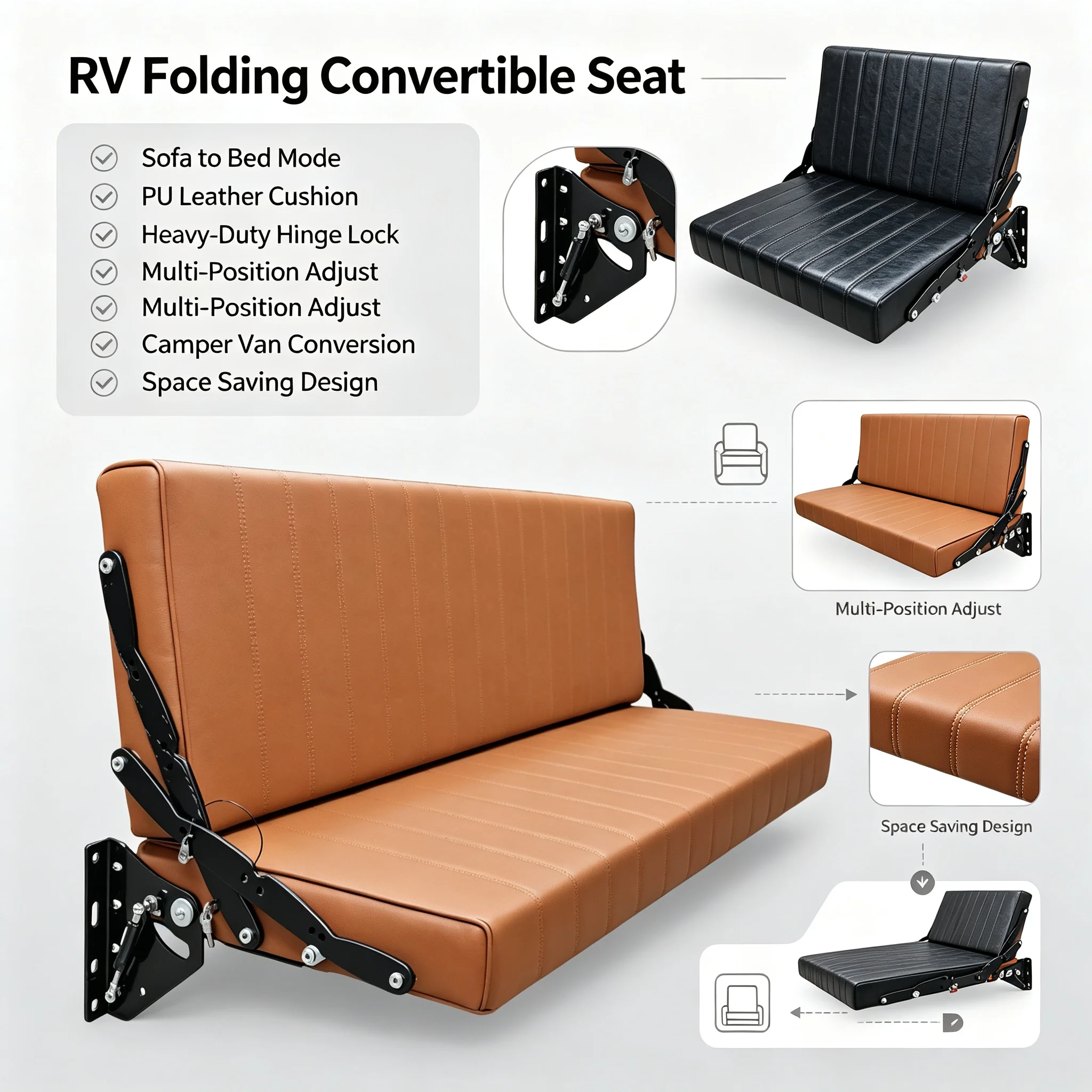 Space-saving PU Leather RV Wall-mounted Flip-over Sofa Bed for RVs and Caravans