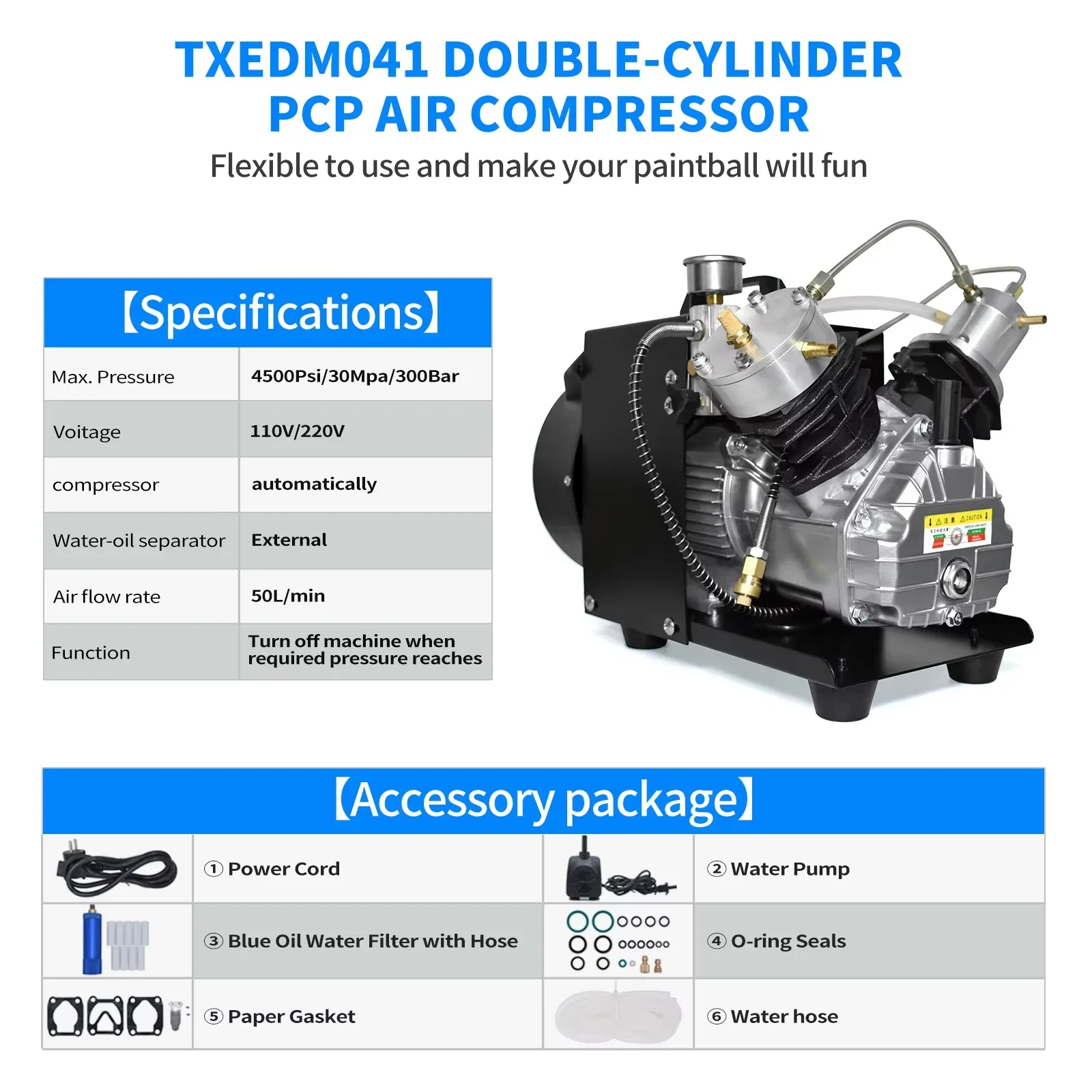 For Rifle Scuba Diving Tank TXEDM041 4500Psi High Pressure PCP Air Compressor with Pneumatic Double Cylinder Built-in Fan