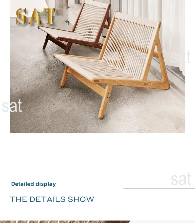 ZHome Designer Balcony Leisure Chair Solid Wood Retro Chair Nordic Living Room Rope Braided Solitary Wind Single Sofa Floor Chai