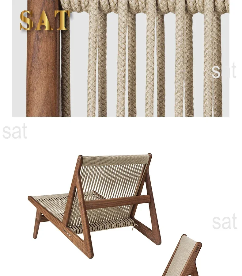 ZHome Designer Balcony Leisure Chair Solid Wood Retro Chair Nordic Living Room Rope Braided Solitary Wind Single Sofa Floor Chai