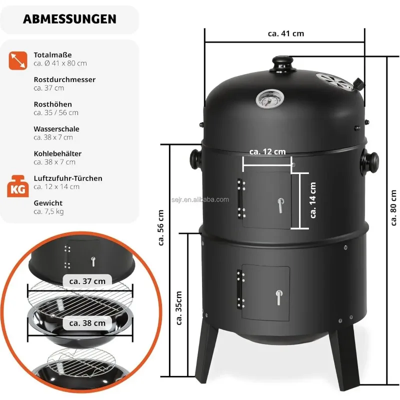 3 in 1 Outdoor BBQ Charcoal Grill, Barbecue, Smoker with Thermometer