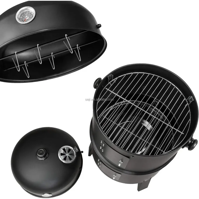 3 in 1 Outdoor BBQ Charcoal Grill, Barbecue, Smoker with Thermometer