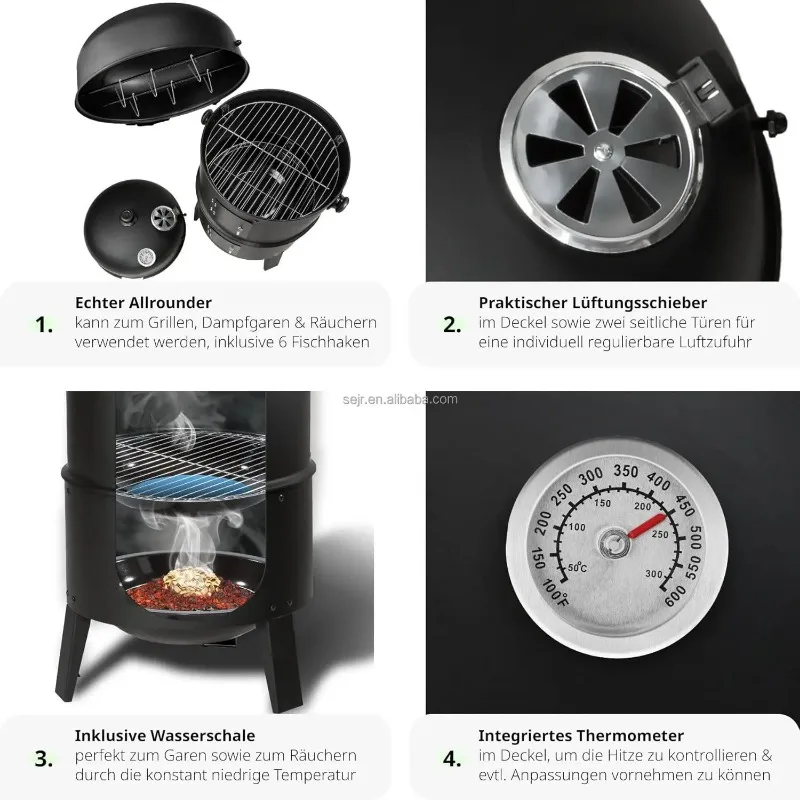 3 in 1 Outdoor BBQ Charcoal Grill, Barbecue, Smoker with Thermometer