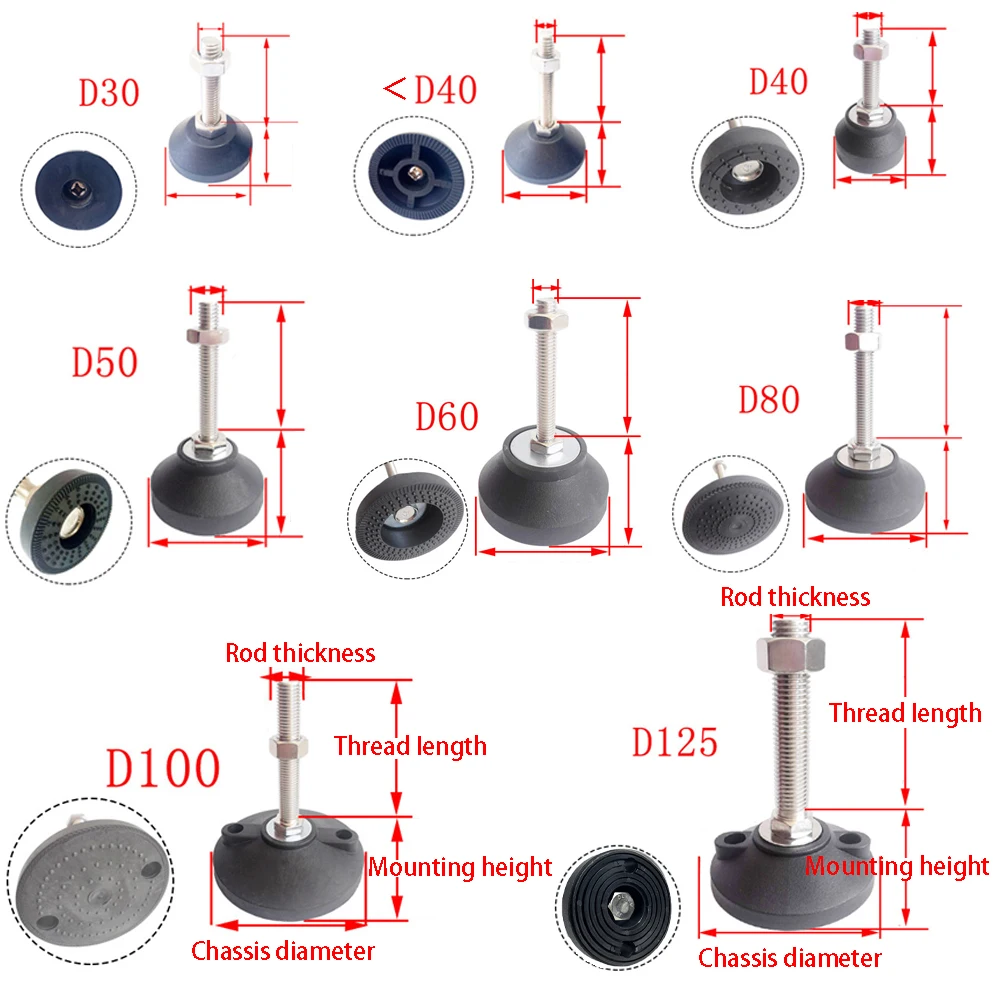 1Pcs Dia D30-D125 Adjustable Lathe Leg M5-M24 Thread Type Levelling Feet Support Foot Fixed Nylon Base Furniture Foot Pads