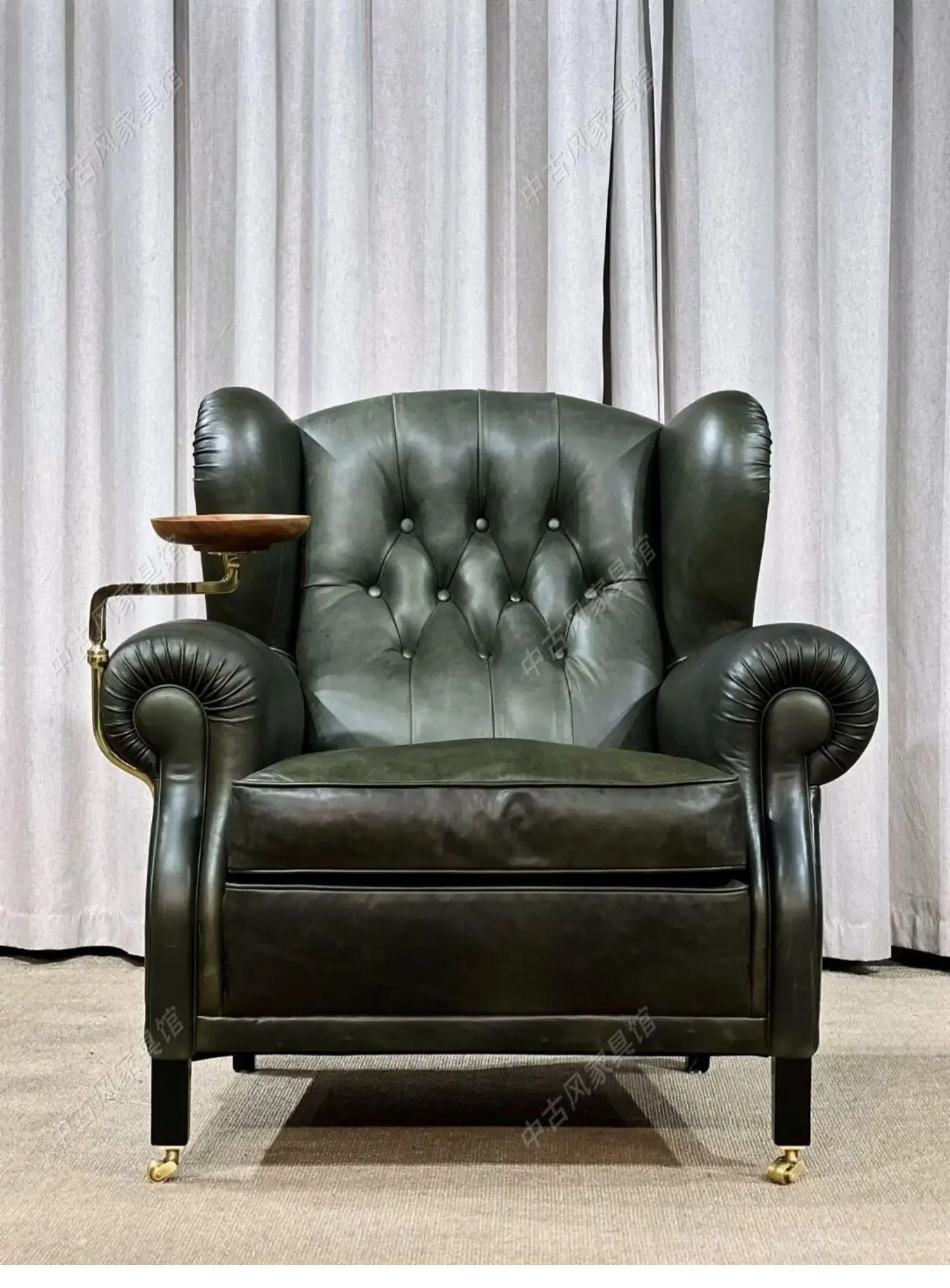 American retro single chair oil wax leather single sofa medieval leisure chair high-end living room home chair