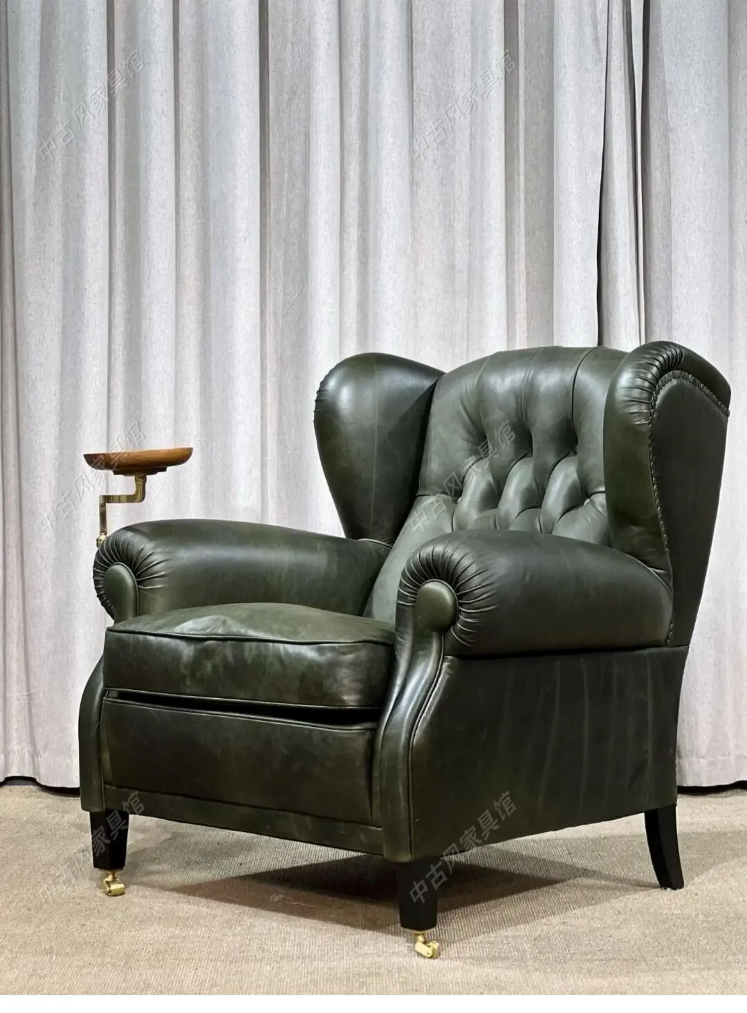 American retro single chair oil wax leather single sofa medieval leisure chair high-end living room home chair