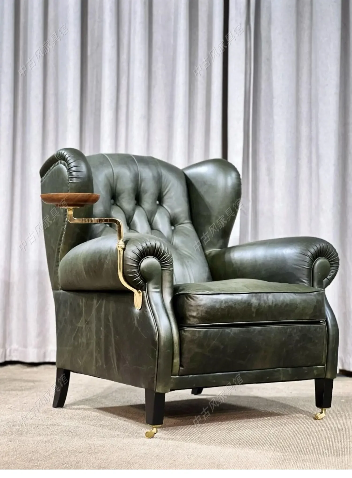 American retro single chair oil wax leather single sofa medieval leisure chair high-end living room home chair