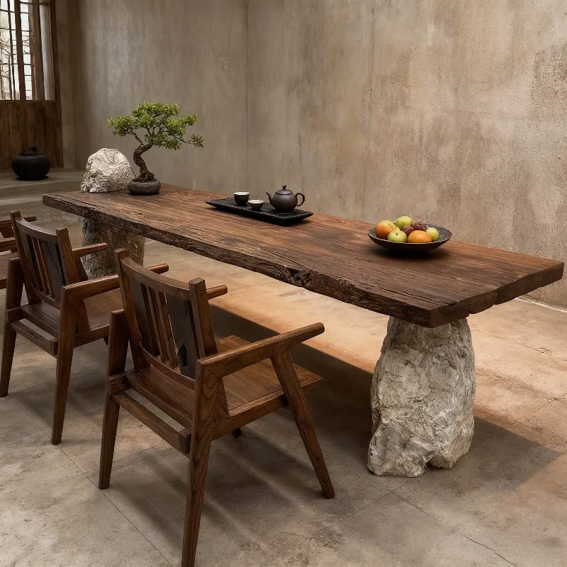 Wabi Silent Wind Old Wood Tea Table Wood and Stone with Large Board Tea Table Homestay Atmospheric Tea Table