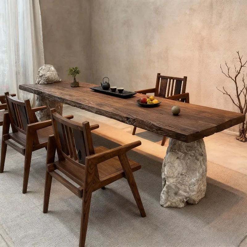 Wabi Silent Wind Old Wood Tea Table Wood and Stone with Large Board Tea Table Homestay Atmospheric Tea Table