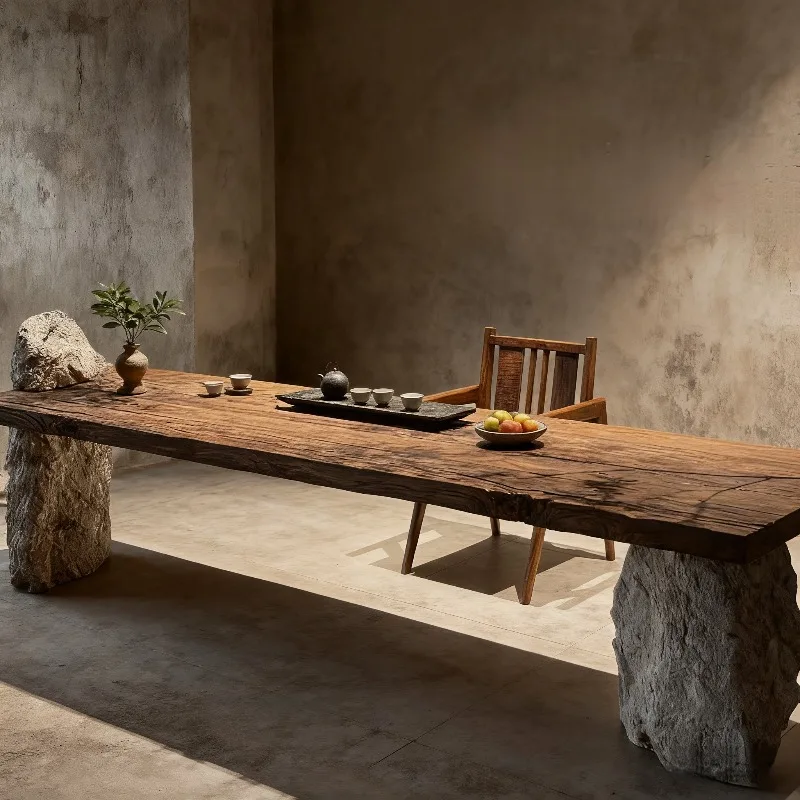 Wabi Silent Wind Old Wood Tea Table Wood and Stone with Large Board Tea Table Homestay Atmospheric Tea Table