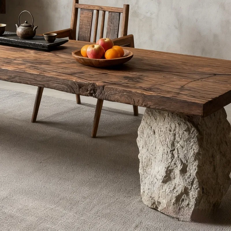 Wabi Silent Wind Old Wood Tea Table Wood and Stone with Large Board Tea Table Homestay Atmospheric Tea Table