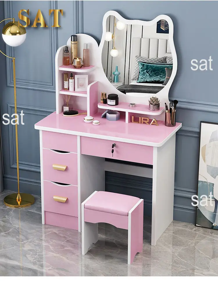 @#Wholesale Pink Dressing Table Modern High Quality Dresser Set Small Vanity Girl Designer Makeup Table Lighted Mirror Bedroom