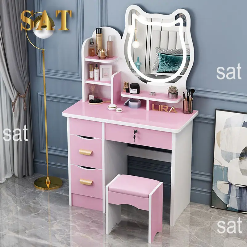 @#Wholesale Pink Dressing Table Modern High Quality Dresser Set Small Vanity Girl Designer Makeup Table Lighted Mirror Bedroom