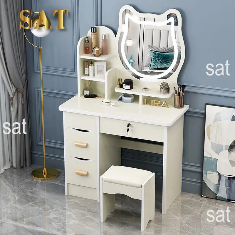 @#Wholesale Pink Dressing Table Modern High Quality Dresser Set Small Vanity Girl Designer Makeup Table Lighted Mirror Bedroom