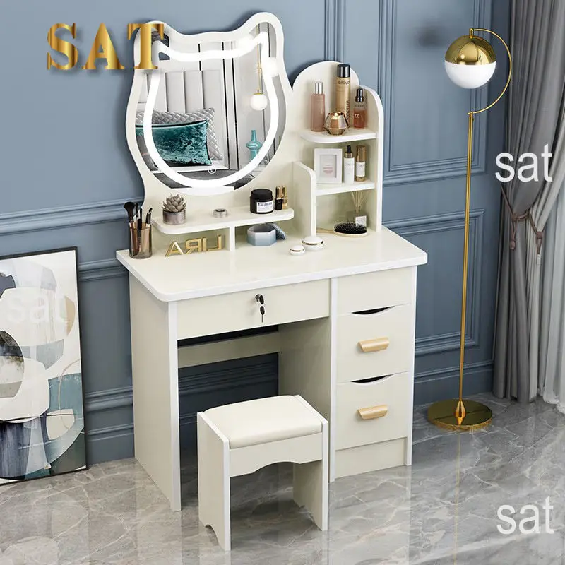 @#Wholesale Pink Dressing Table Modern High Quality Dresser Set Small Vanity Girl Designer Makeup Table Lighted Mirror Bedroom
