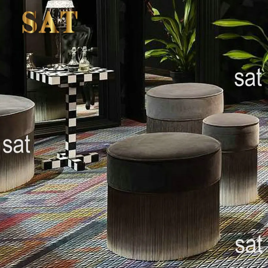 #Modern Luxury Velvet Stool Chair with Tassels Living Room Gradient Color Fringes Pouf Wood Ottoman Chairs for Dressing Table