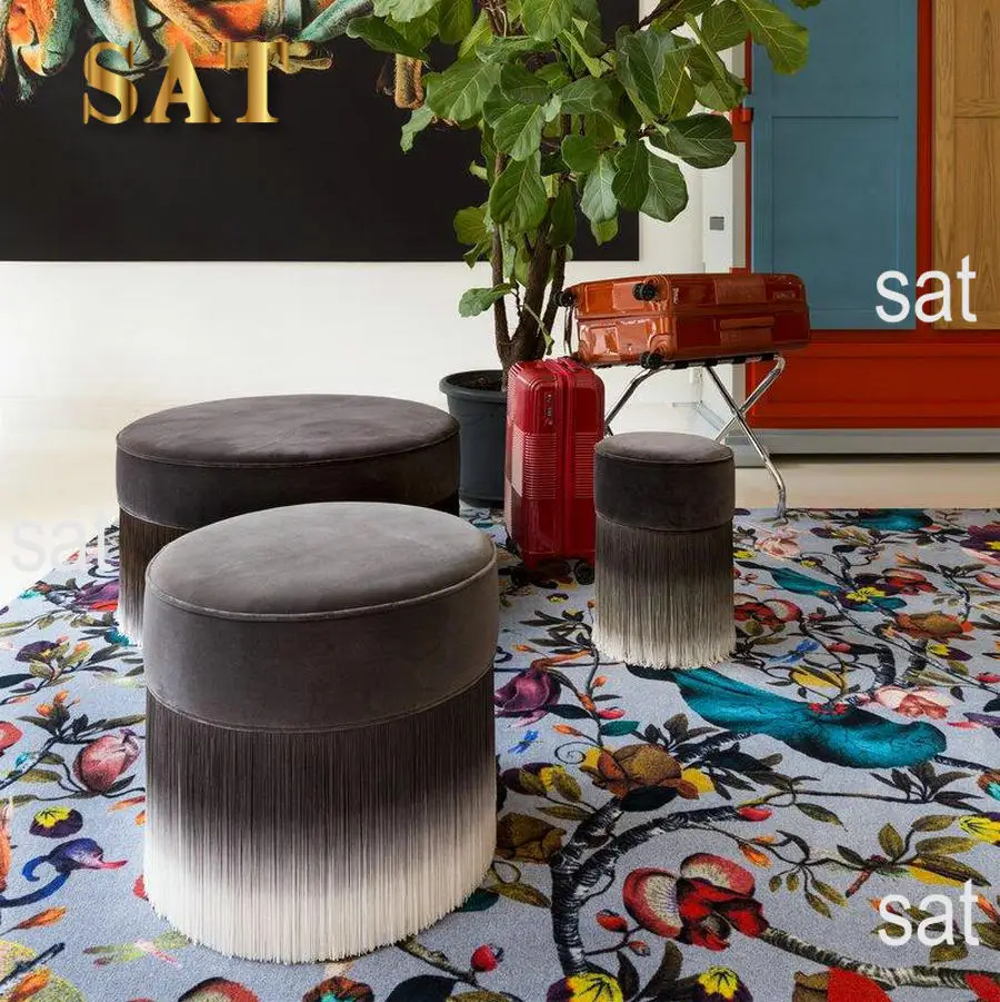 #Modern Luxury Velvet Stool Chair with Tassels Living Room Gradient Color Fringes Pouf Wood Ottoman Chairs for Dressing Table