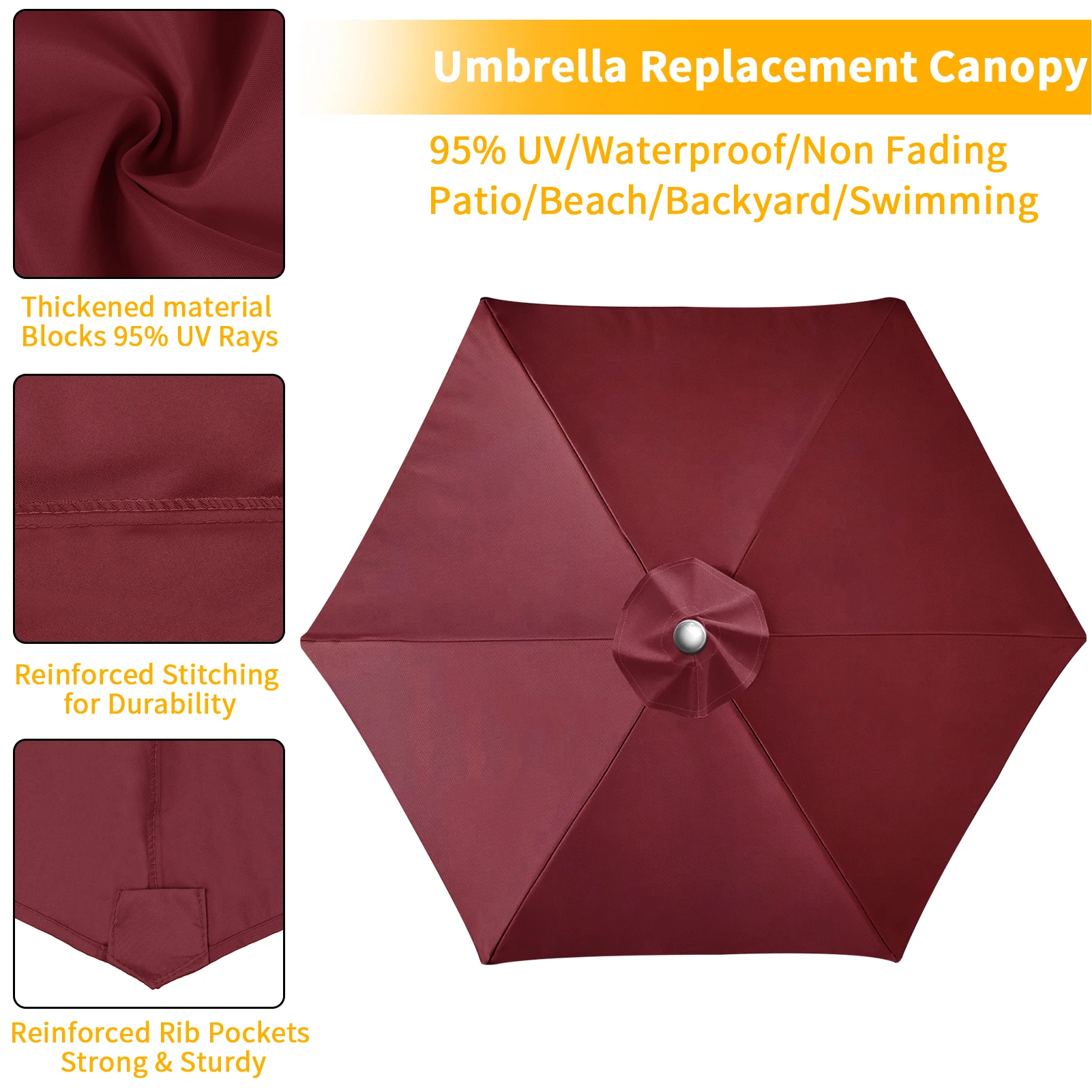 Waterproof Replacement Umbrella Cloth 6Ribs/8Ribs Parasol Replacement Cover Market Patio Umbrella Cloth Canopy Cover Shade Sail