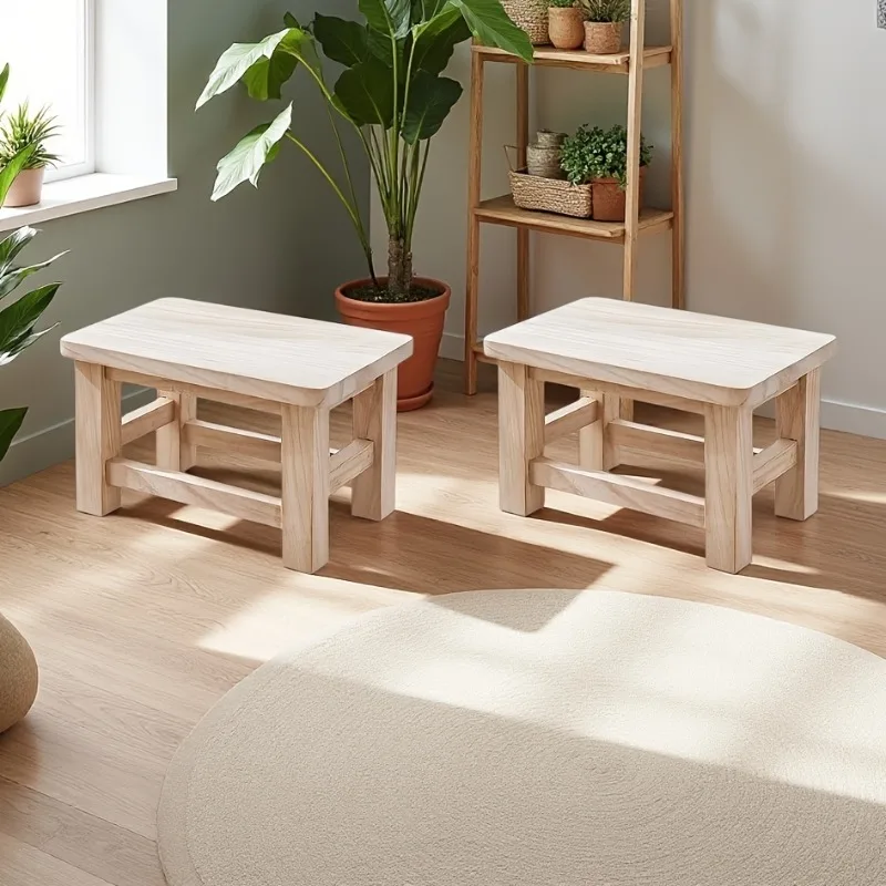 1pc Solid Wood Small Stool for Home – Adult Retro Shoe Bench & Coffee Table Stool–Paulownia Low Bench for Living Room & Entryway