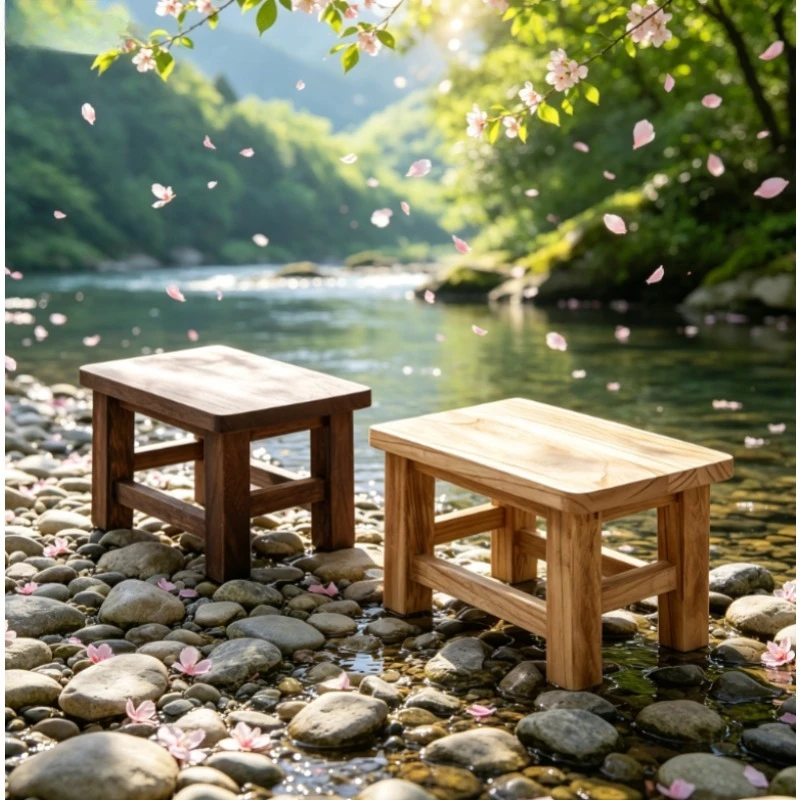 1pc Solid Wood Small Stool for Home – Adult Retro Shoe Bench & Coffee Table Stool–Paulownia Low Bench for Living Room & Entryway