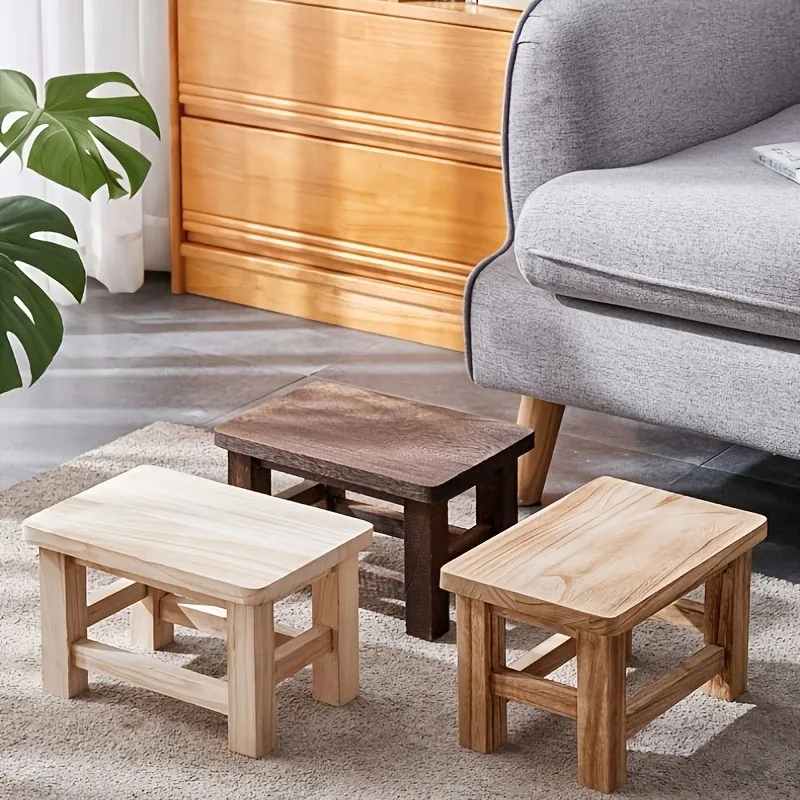 1pc Solid Wood Small Stool for Home – Adult Retro Shoe Bench & Coffee Table Stool–Paulownia Low Bench for Living Room & Entryway