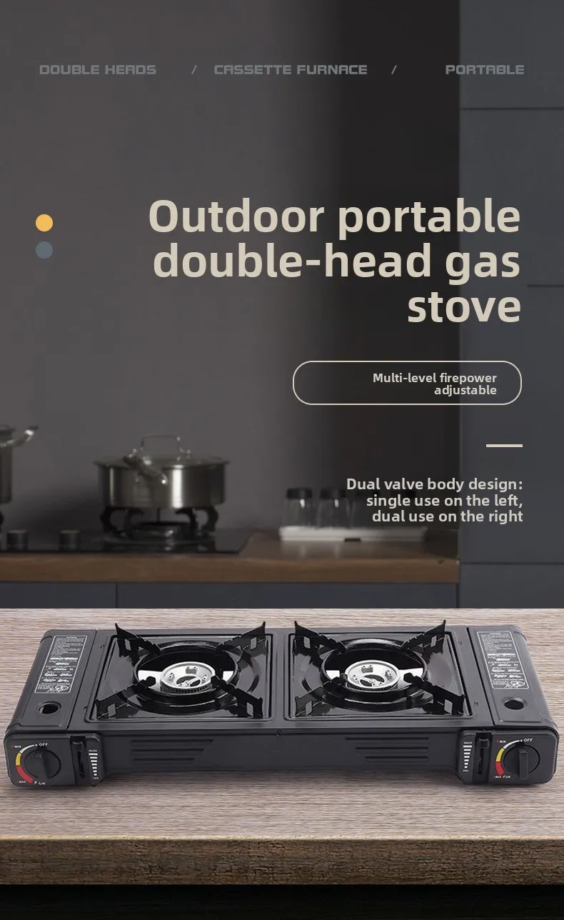 Cassette Stove Double Head Gas Stove, Both Eyes Stainless Steel Outdoor Portable Gas Stove Camping Cooker Spot Wholesale