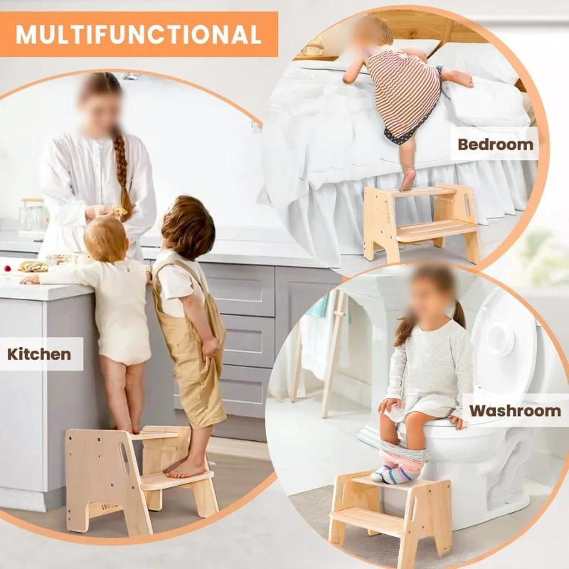 Solid Wood 2 Step Footstool Sturdy Kitchen Ladder Compact Stair Steps for Home Use Up To Washer Shoe Changing Stool Stepped wood