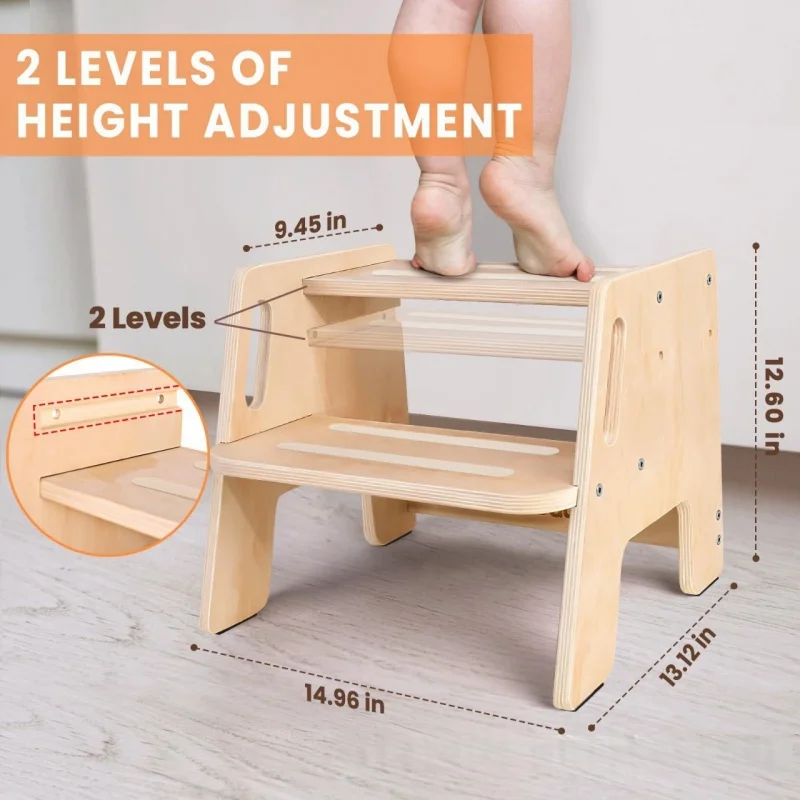 Solid Wood 2 Step Footstool Sturdy Kitchen Ladder Compact Stair Steps for Home Use Up To Washer Shoe Changing Stool Stepped wood