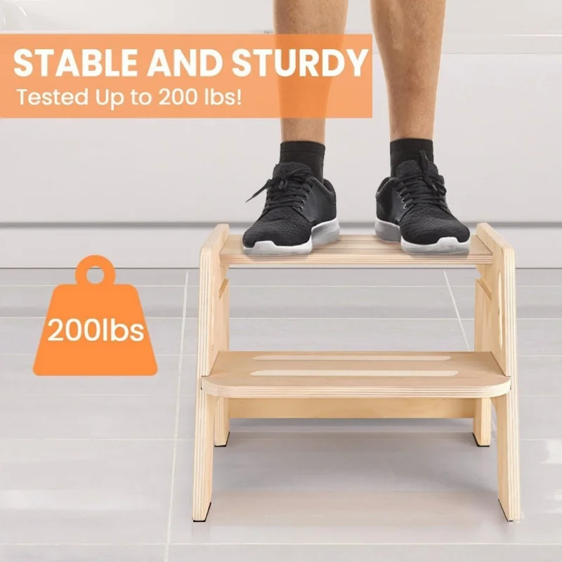 Solid Wood 2 Step Footstool Sturdy Kitchen Ladder Compact Stair Steps for Home Use Up To Washer Shoe Changing Stool Stepped wood