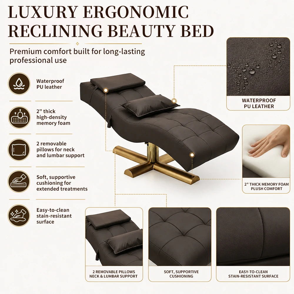 2026 Luxury S-shaped Beauty Lounger Gold Cross Base Adjustable Spa Head Massage Bed Esthetician Salon Furniture Custom Wholesale
