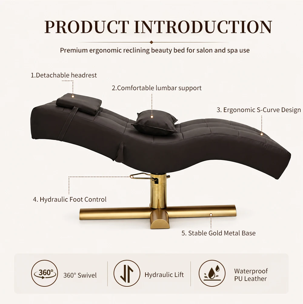 2026 Luxury S-shaped Beauty Lounger Gold Cross Base Adjustable Spa Head Massage Bed Esthetician Salon Furniture Custom Wholesale