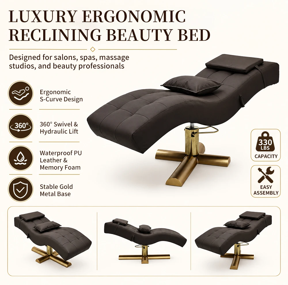 2026 Luxury S-shaped Beauty Lounger Gold Cross Base Adjustable Spa Head Massage Bed Esthetician Salon Furniture Custom Wholesale
