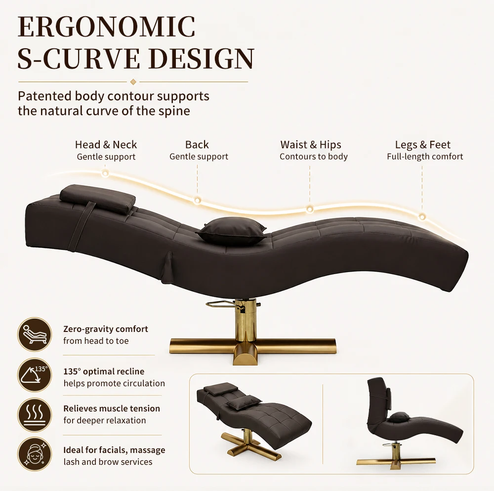 2026 Luxury S-shaped Beauty Lounger Gold Cross Base Adjustable Spa Head Massage Bed Esthetician Salon Furniture Custom Wholesale