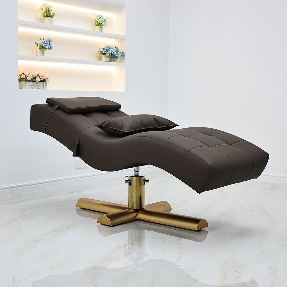 2026 Luxury S-shaped Beauty Lounger Gold Cross Base Adjustable Spa Head Massage Bed Esthetician Salon Furniture Custom Wholesale